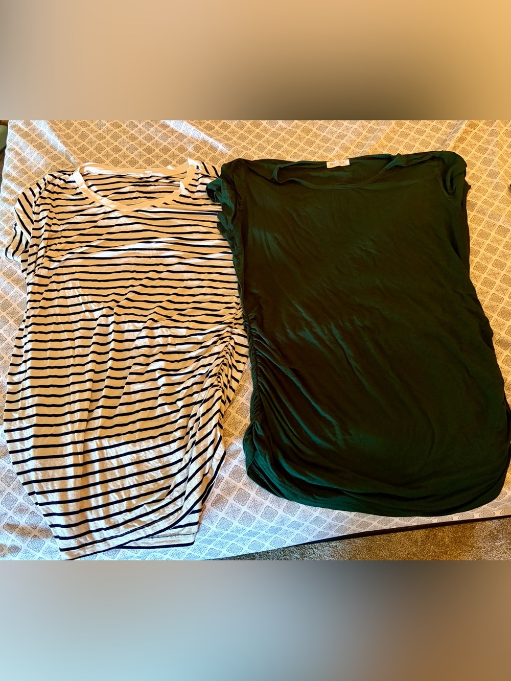 3 Maternity tshirts, black, striped, and dark green